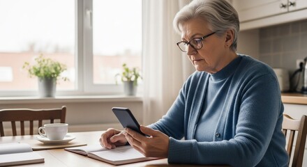 Senior woman with glasses using smartphone at wooden table by window