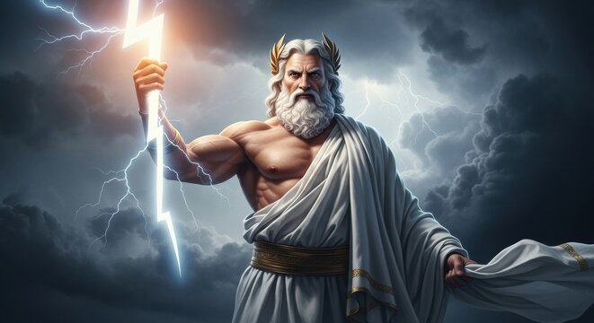 A formidable depiction of Zeus, the Greek god of thunder, showing his immense power with a lightning bolt in a swirling storm.