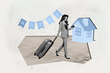 Pop trendy creative collage of happy girl guy stand home relocation concept doodle summer travel...
