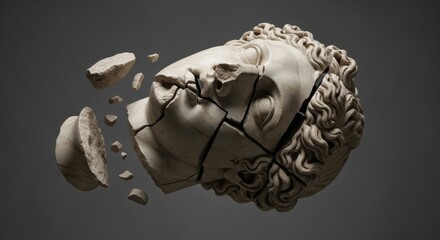 A classical Greek marble head, cracked and broken into large floating pieces. A conceptual image of ruin and deconstruction.