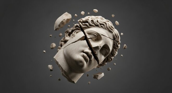 A dramatic and conceptual image of a classical Greek statue's head cracking and exploding into fragments against a dark background.