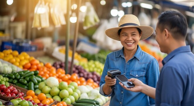 Smiling Fruit Vendor Accepting Mobile Payment at a Vibrant Outdoor Market Stall