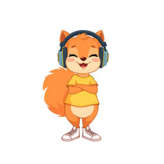 Naklejka premium Cartoon 2D squirrel character chilling with headphones, listening to music, on transparent background