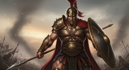 Fototapeta premium A close-up portrait of a fierce ancient Greek warrior god, possibly Ares, in the heat of battle with his spear and shield.
