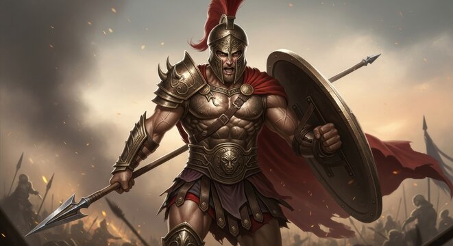 An epic fantasy illustration of Ares, the Greek god of war, leading his army into battle with a spear and shield.