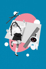 Poster image artwork pop collage of happy schoolgirl stand notepad pencil ruler supplies artificial...