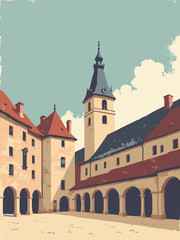 Fototapeta premium Brive-la-Gaillarde, France – covered market hall and medieval collégiale in timber brown, market red, cream, and slate