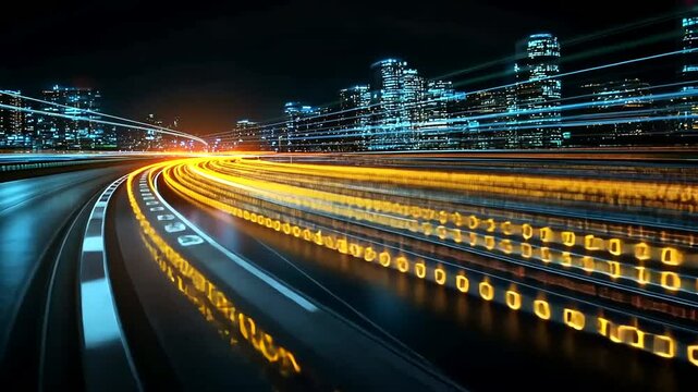 Futuristic city data stream highway with binary code overlay and light trails animation