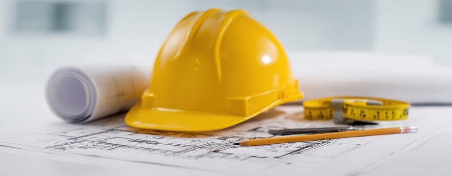 The yellow hard hat and tools on architectural blueprint in a professional setting.
