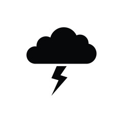 A black silhouette of a cloud with a lightning bolt isolated on white background represents a stormy weather