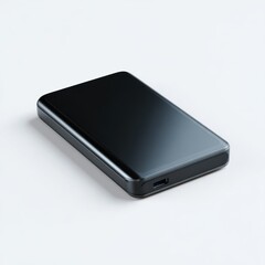 A sleek black external hard drive, isolated on a seamless white background. Modern, data storage.