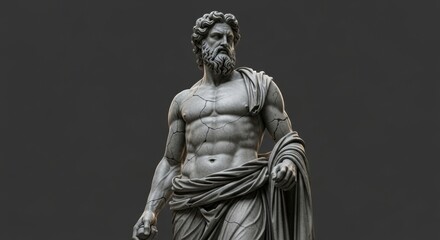 A realistic 3D render of a weathered classical statue of a muscular Greek god, with cracks showing its age and history.