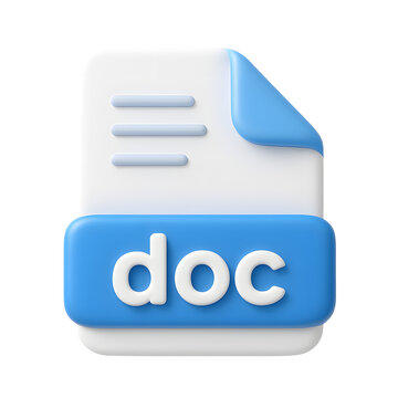 3D document file icon, white page with blue doc label for text files and reports, isolated on transparent background