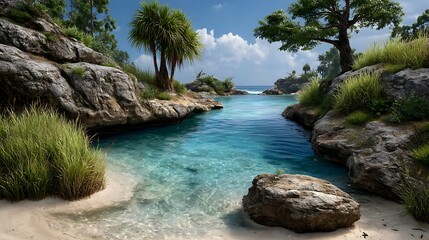 A lagoon on a bright day showing full underwater visibility of seagrass and coral. 
