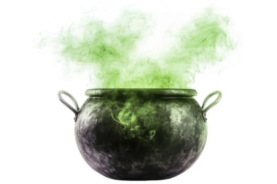 Witch’s cauldron bubbling with green magic smoke, dark fantasy aura, isolated on white