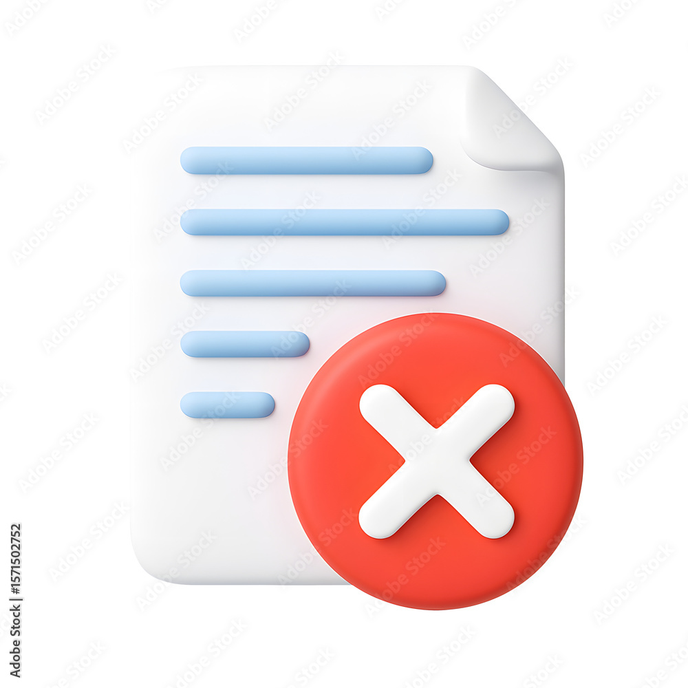 Poster 3d document icon with blue text lines and red cancel cross symbol isolated on transparent background