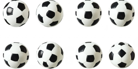 Eight soccer balls aligned in rows on transparent png background