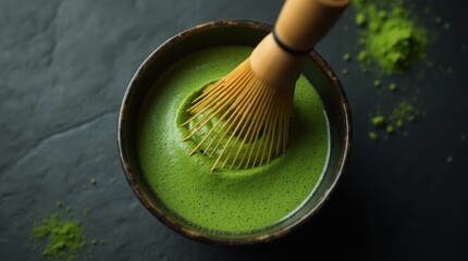 A slow-motion, top-down view of a bamboo whisk creating frothy, vibrant green matcha tea in a ceramic bowl.
