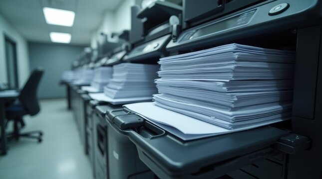 A dramatic time-lapse of a massive stack of documents being rapidly printed, symbolizing high productivity or workload.
