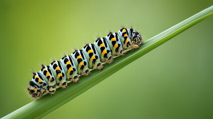 Fototapeta premium Caterpillar Crawling on Green Leaf in Nature