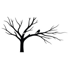 A bare tree silhouette with a bird perched on a branch, isolated on white background, evokes the stillness of winter and the beauty of nature
