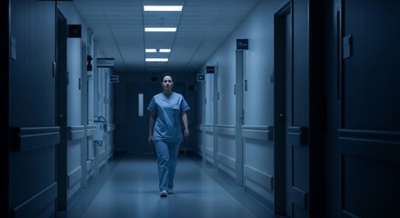Sole Nurse Walking Hospital Corridor at Night