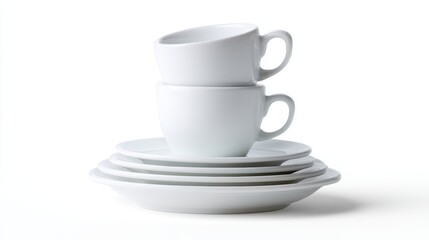 A set of minimalist white coffee cups and saucers, stacked, isolated on a pure white background. Tableware, cafe.