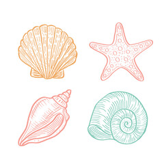 Seashells and starfish line art set – intricately detailed marine illustrations for beach, ocean, coastal themes, perfect for elegant summer and nautical design projects.