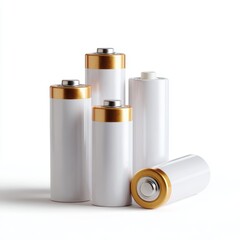 A collection of diverse-sized white batteries AA, AAA, isolated on a pure white background. Power, energy.
