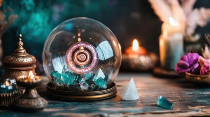 Mystical crystal ball with colorful spiral and glowing candles