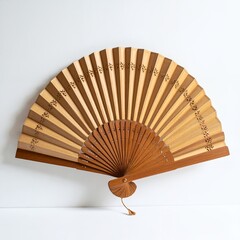 Elegant folding fan with alternating warm wood tones and decorative accents on white background