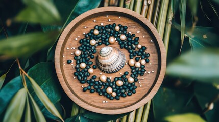 Natural Arrangement of Shell and Beads on a Wooden Plate