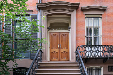 Entrance to elegant old townhouse or apartment building in Greenwich Village area of New York City