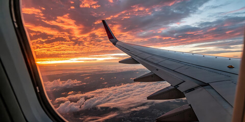 Obraz premium Airplane wing window sunset sky clouds travel journey flight scenic vibrant colors create breathtaking view from aircraft during golden hour evoking wanderlust