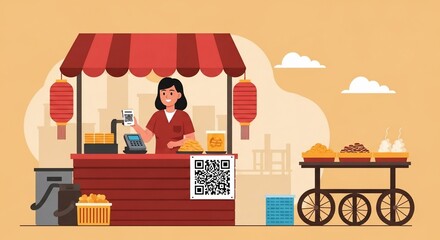Street Food Vendor Accepting QR Code Payment, Illustrated with Lanterns and Cart.
