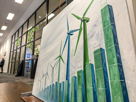Abstract painting of wind turbine financial growth green energy sustainability modern office clean technology renewable power eco friendly optimistic innovation