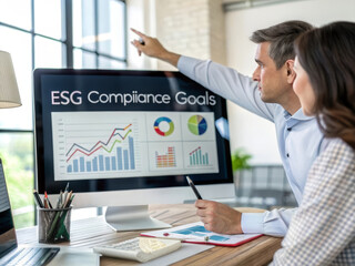 Financial planner businesswoman computer ESG compliance goals data analysis teamwork office charts graphs and professional collaboration. Two colleagues review sustainability targets