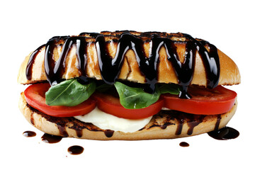 Caprese sandwich with fresh mozzarella, basil, and tomatoes, drizzled with balsamic glaze, on ciabatta bread, isolated on white