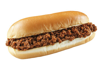 Classic Sloppy Joe sandwich with seasoned beef spilling out of a toasted bun, isolated on white