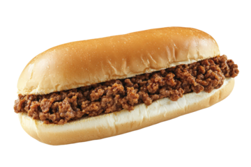 Classic Sloppy Joe sandwich with seasoned beef spilling out of a toasted bun, isolated on white