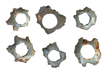 Collection of five bullet holes in metal, different sizes and jagged edges, isolated on a white background