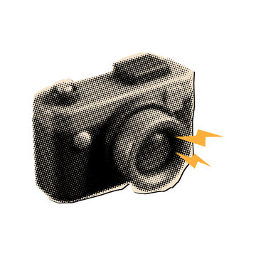 Halftone photo camera collage element cut out from paper