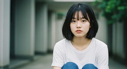 Sincere portrait of a young woman with bob haircut, looking directly at the camera with gentle eyes.