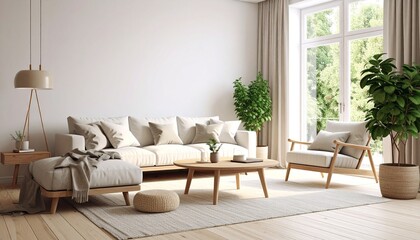 Scandinavian minimalist living room &ndash; calm space with soft natural light/ 北欧風ミニマルリビングルーム &ndash; 柔らかな自然光に包まれた落ち着いた空間	