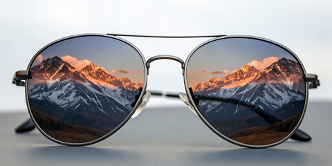 Sunglasses with mountain reflection aviator style metal frame outdoor scenic landscape sunrise snow capped peak adventure travel nature calm mood