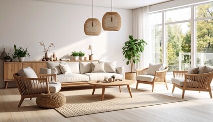 Scandinavian minimalist living room – calm space with soft natural light/ 北欧風ミニマルリビングルーム – 柔らかな自然光に包まれた落ち着いた空間