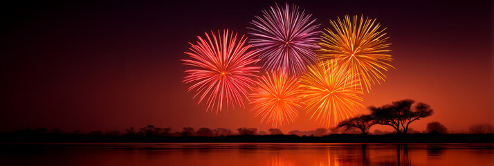 Fiery Fireworks Bursting Over Water Landscape In Botswana at Sunset