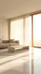 Fototapeta premium Light-filled beige living room with minimalist furniture