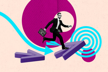 Collage of successful person near large rising arrow or stats symbolizing financial growth business...