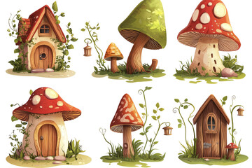 Fantasy forest houses components, including mushroom-shaped houses, vine-covered walls, and tiny wooden lanterns, isolated on white